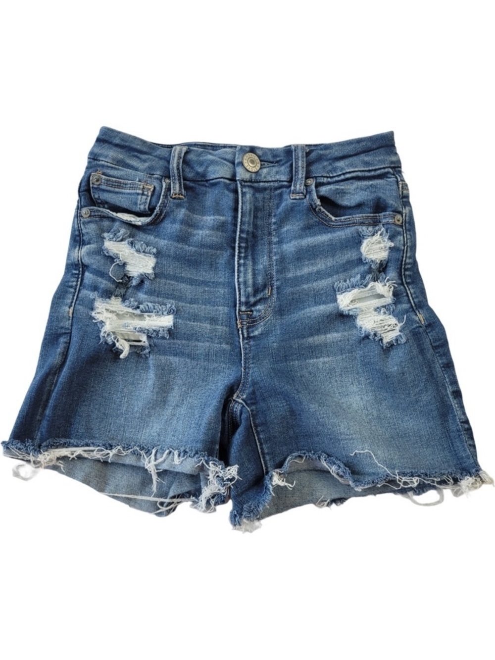 ✅American Eagle Woman’s blue distressed curvy high rise shortie denim shorts 0